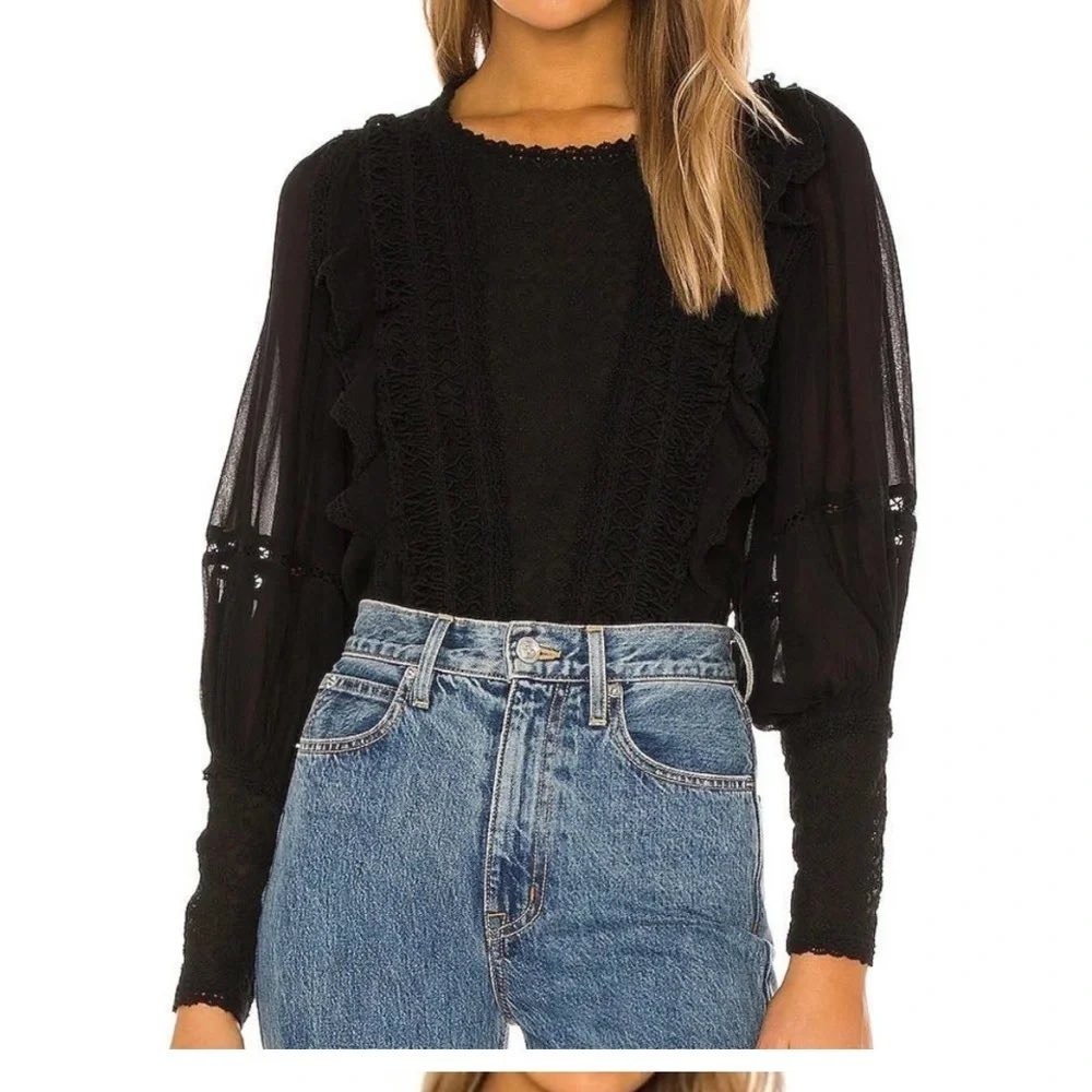 Tularosa Blouse Womens M Black Lace Trim Embroidered Sheer Sleeve Boho Romantic